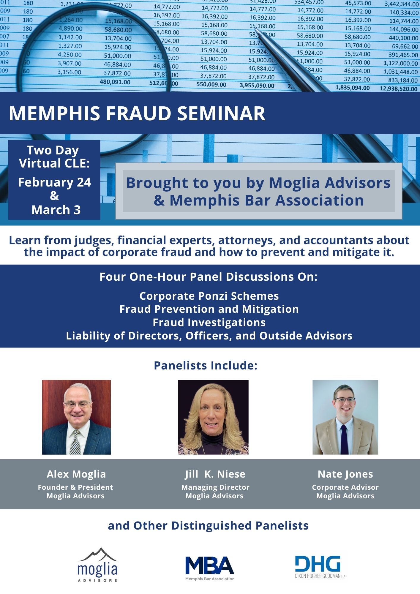 Learn how to prevent and mitigate corporate fraud in this 2-day virtual CLE series on Feb. 24 & March 3, brought to you by Moglia Advisors and the Memphis Bar Association.